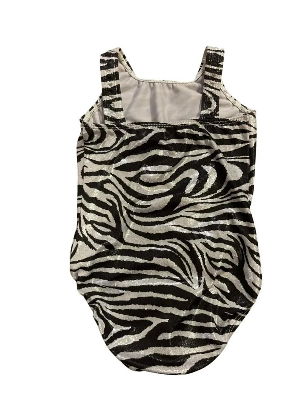 GK Elite Zebra Print Metallic Gymnastics Leotard Girls M (CM) Used Sleeveless